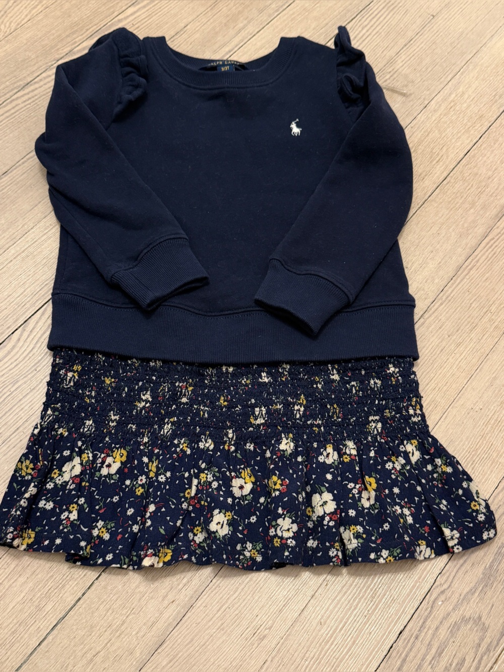 POLO RALPH LAUREN Girls Navy Floral Ruffle Sweatshirt Smocked Dress Size 3T